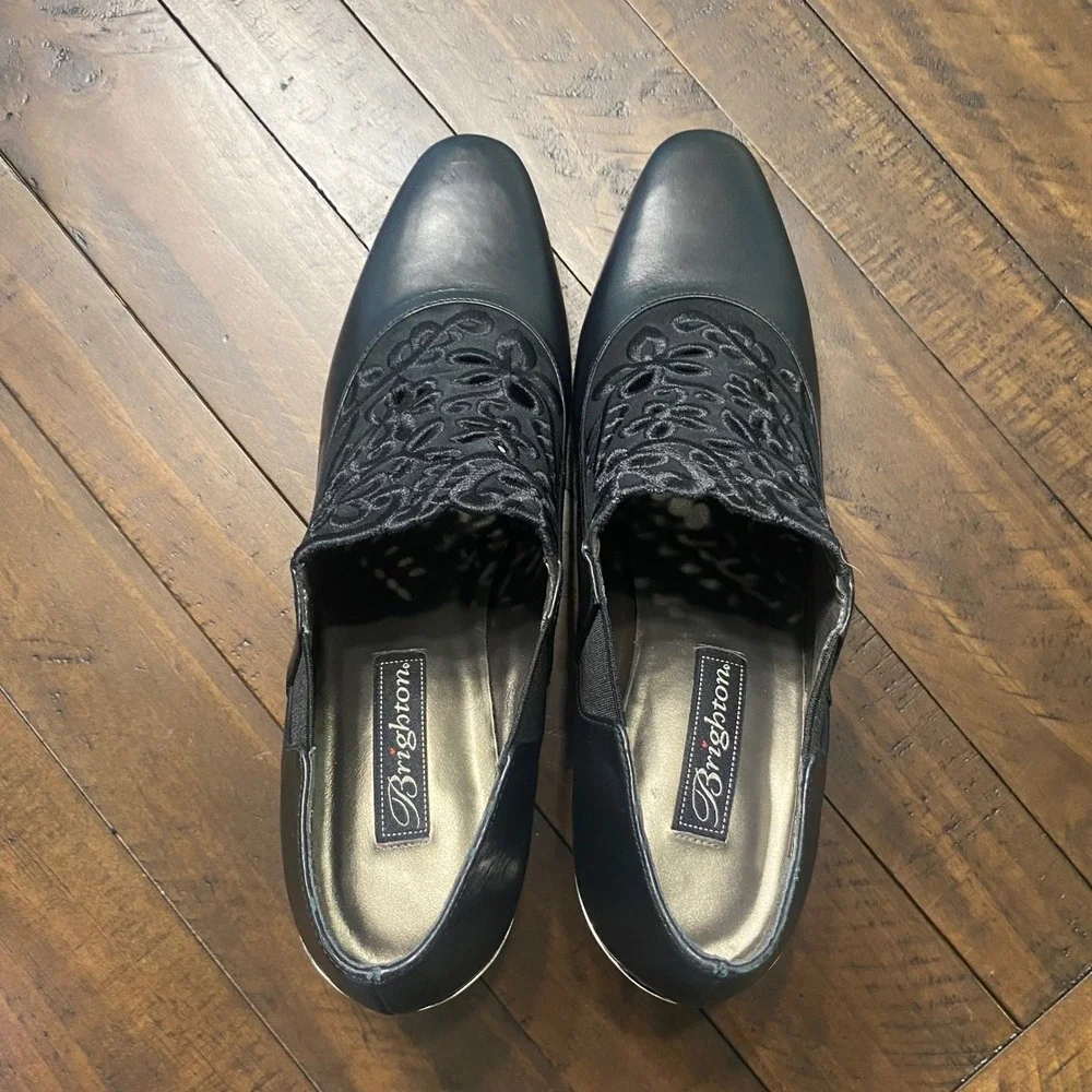 Brighton Rand Black Leather Embroidered Filigree Heel Ankle Boots 10M Vitage 90s
